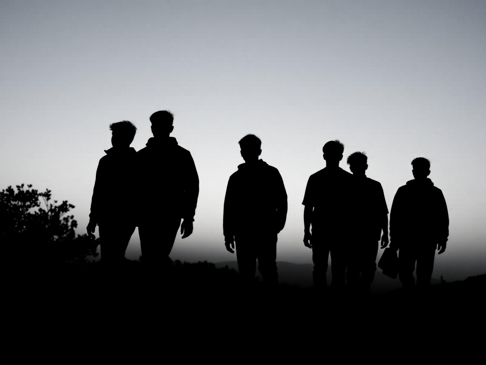 Silhouettes of young men at dusk